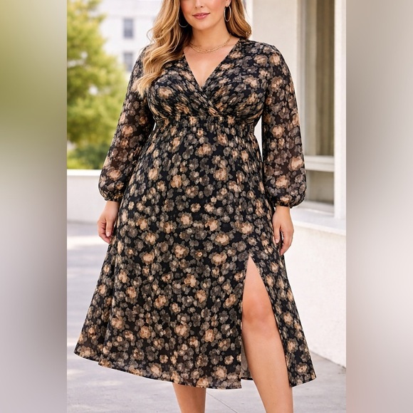SHEIN Dresses & Skirts - NWT Womens Floral Midi Long Sleeve Floral Peasant Fit Flare Dress 2XL Earth Tone